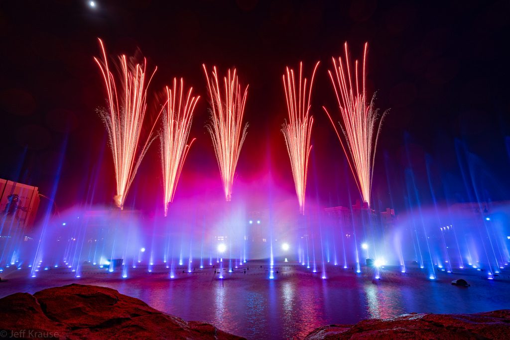 Blue Fountains with fireworks